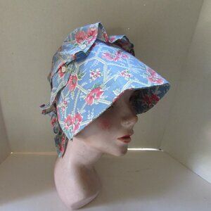 SALE Sweet Cotton Sunbonnet in Blue with Pink Flowers Old Fashioned Style